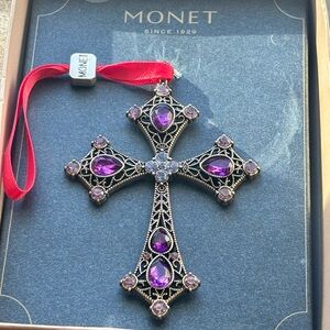Vintage Monet Purple Cross Ornament – Ornate Filigree Design In Original Box